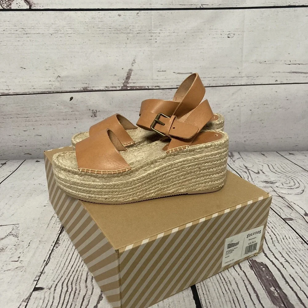 Soludos Sandals Womens Size 8.5 Minorca High Platform Espadrille Leather Nude